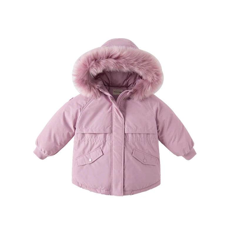 Kids Girls Solid Zipper Hooded Fur Padded Warm Jacket childrensterritory