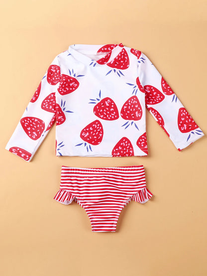 Strawberry Print Long Sleeve Beachwear for Little Girls childrensterritory
