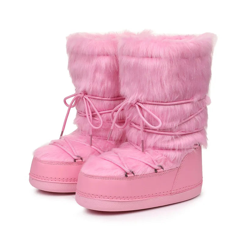 Fluffy Faux Fur Middle Calf Platform Snow Boots for Women