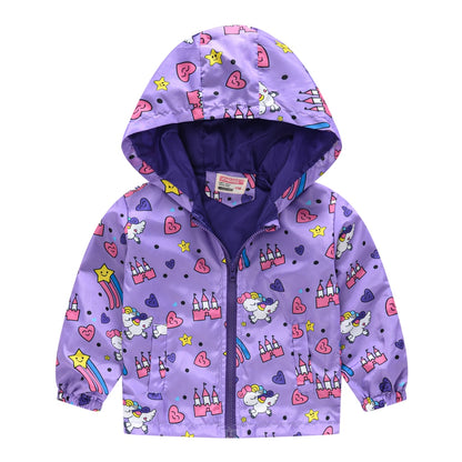 Kids Girls Colorful Cartoon Prints Windproof Hooded Jackets childrensterritory