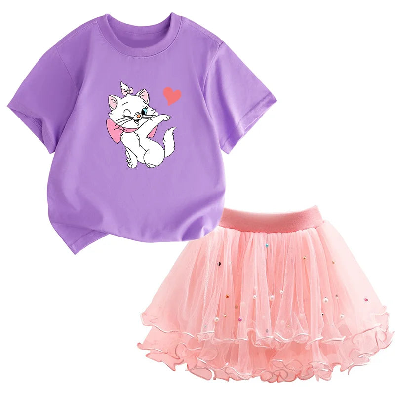 Kids Girls Marie Cat Design Summer T-shirt &amp; Tutu Skirt Set childrensterritory
