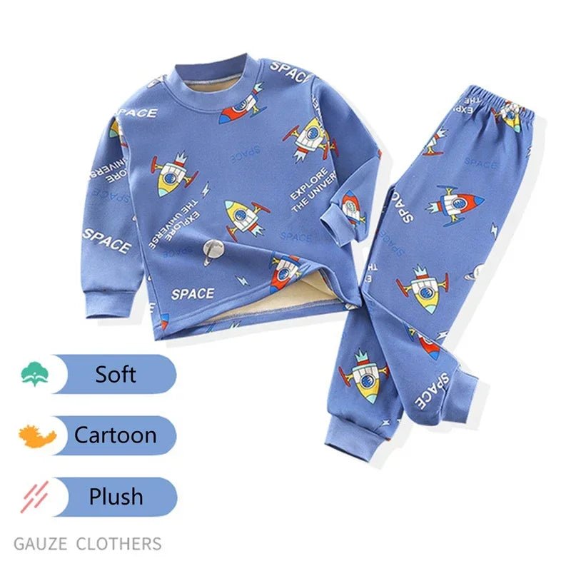 Baby/Kids Thick Warm Cartoon Print Pajamas Set