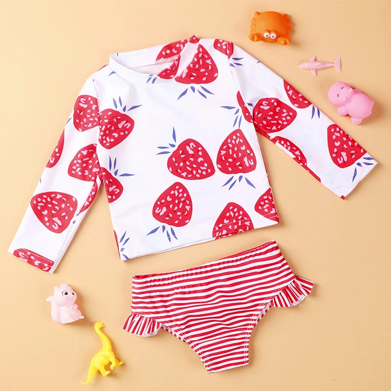 Strawberry Print Long Sleeve Beachwear for Little Girls childrensterritory