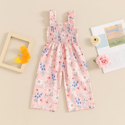 Little Girls Lovely Floral Print Wide Leg Summer Jumpsuit childrensterritory
