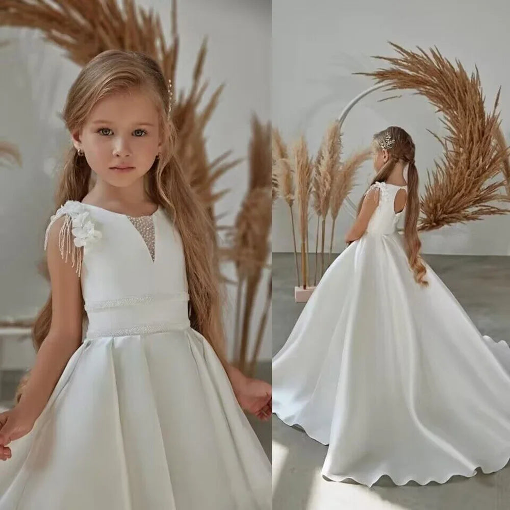 Ivory Beads Decoration Puff First Communion Dress for Girls