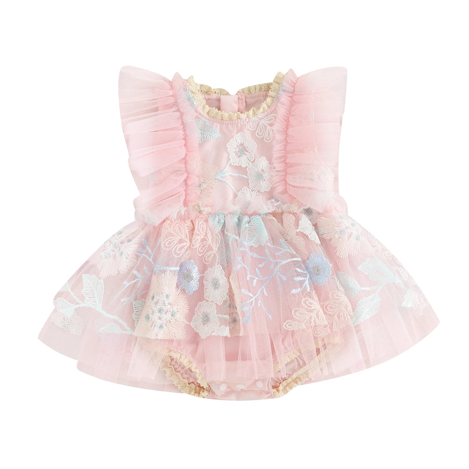 Baby Girl Tulle Floral Embroidery Romper Dress and Headband Set