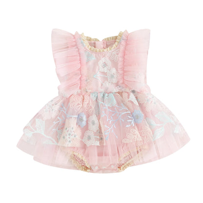 Baby Girl Tulle Floral Embroidery Romper Dress and Headband Set