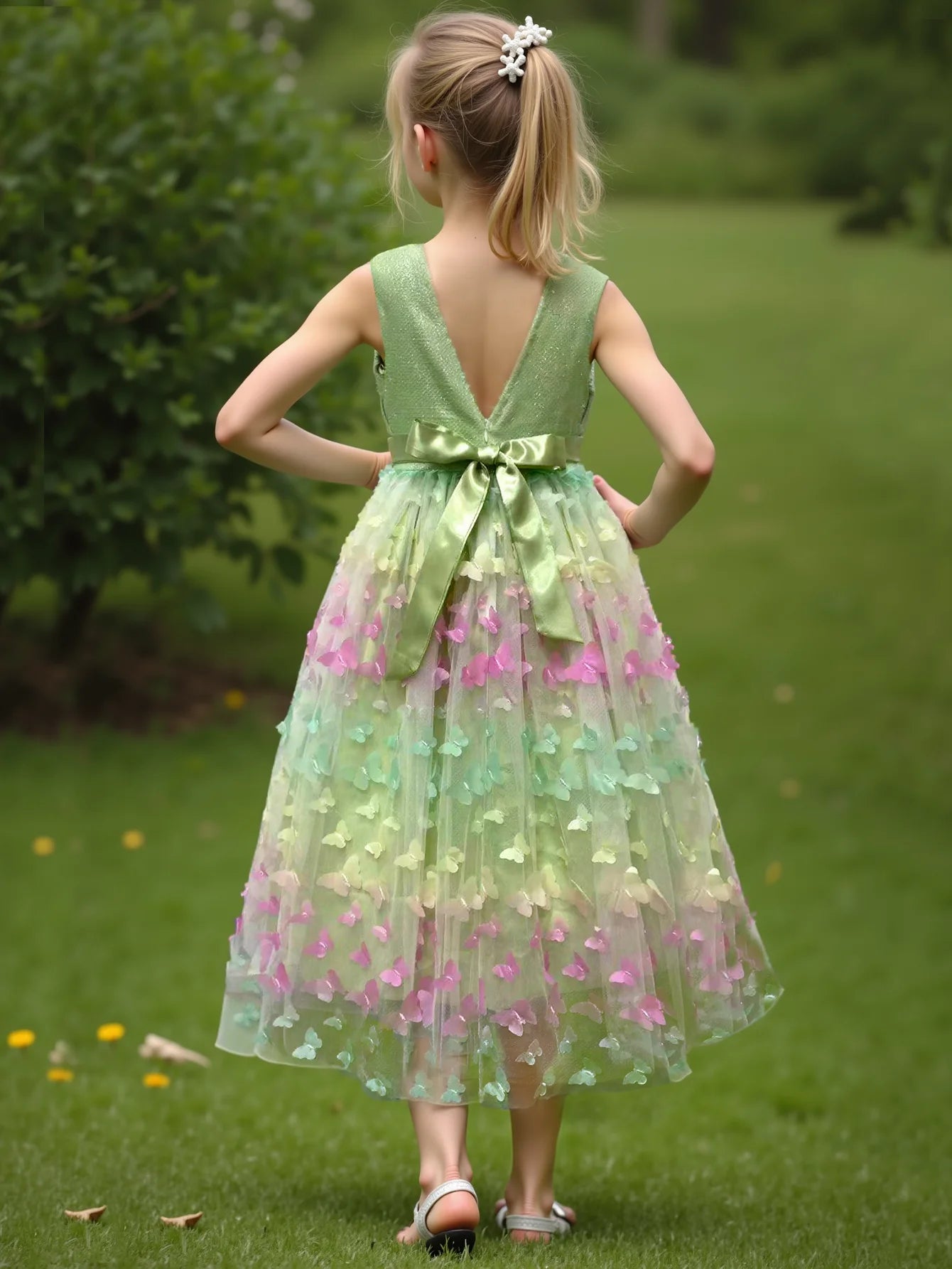 3D Butterfly Design Kids Girls Mesh Bow Long Princess Dress childrensterritory