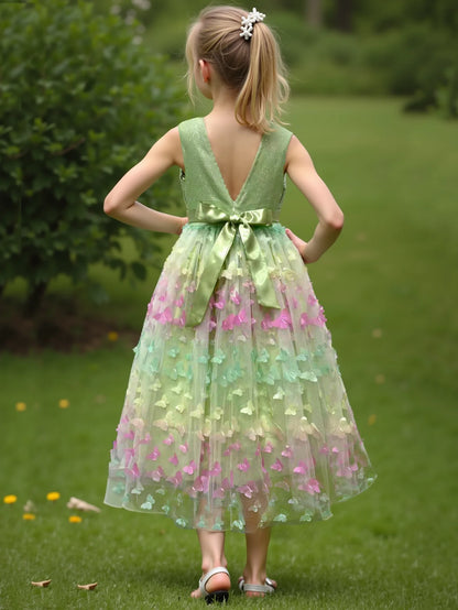 3D Butterfly Design Kids Girls Mesh Bow Long Princess Dress childrensterritory