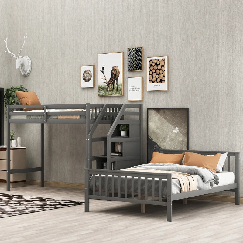 L-Shaped Twin-Over Bunk Bed with Ladder and 3 Storage Grids childrensterritory