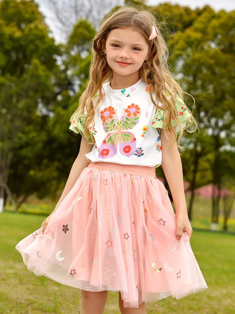 Cartoon Print Kids Girls T-shirt and Layered Skirt Set childrensterritory
