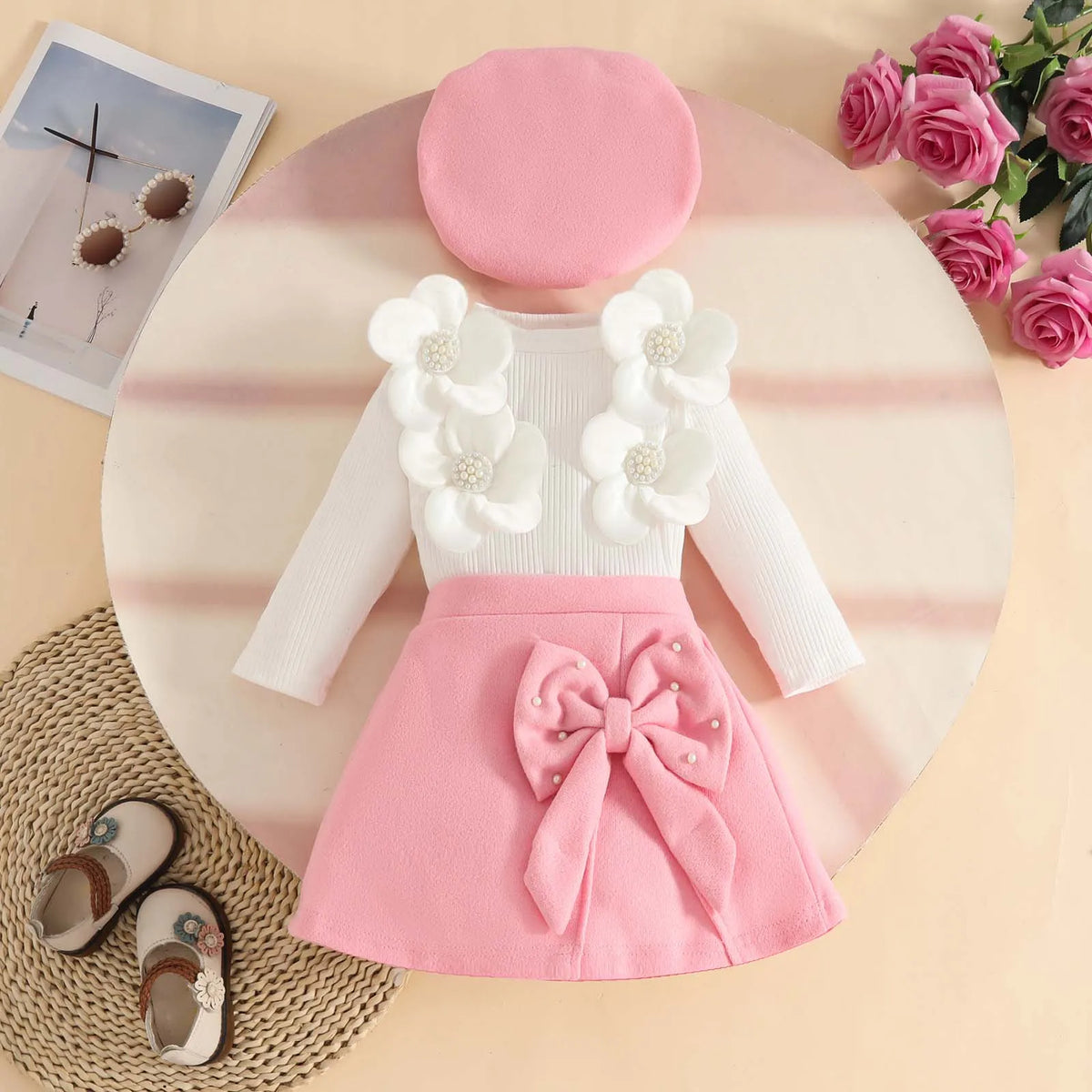 Baby Girls 3Pcs Cute Top+Bow Skirt+Beret Fashion Outfit