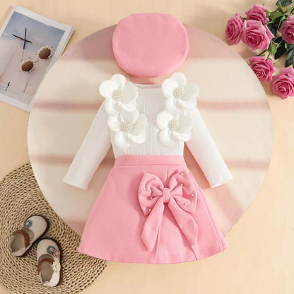 Baby Girls 3Pcs Cute Top+Bow Skirt+Beret Fashion Outfit