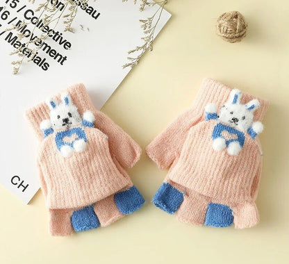 Cartoon Bunny Warm Half Finger Flip Gloves for Kids childrensterritory
