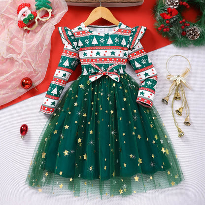 Kids Girls Christmas Style Long Sleeve Party Dresses