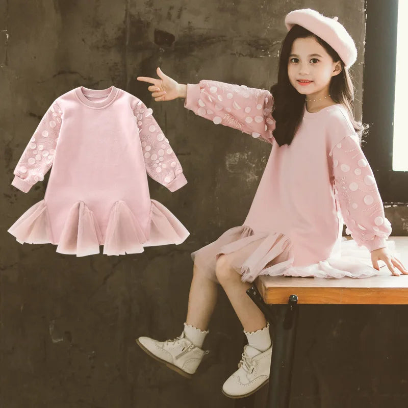 Little Girls Petal Sleeves Pink Sweater Dress
