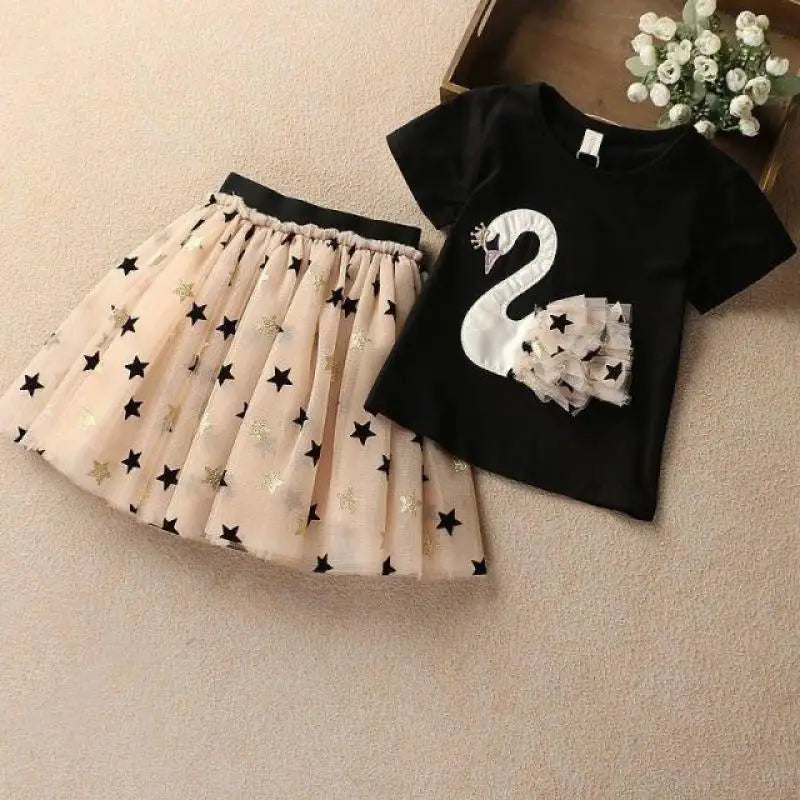 Kids Girls Swan T-Shirt + Sequin Skirts 2Pcs Outfit Set