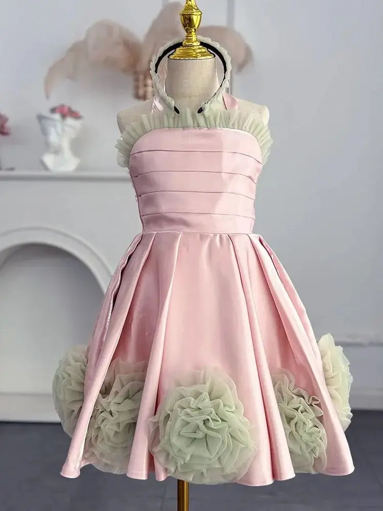 A-Line Little Girls Halter Neck Tiered Puffy Birthday Party Dress childrensterritory