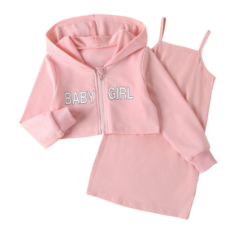 Kids Girls "Baby" Letter Print Zipper Hoodie + Sleeveless Dress childrensterritory