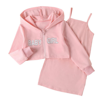 Kids Girls "Baby" Letter Print Zipper Hoodie + Sleeveless Dress childrensterritory