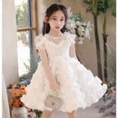 3D Flower Puffy Sleeve Girls White Lace Dresses for Birthday childrensterritory