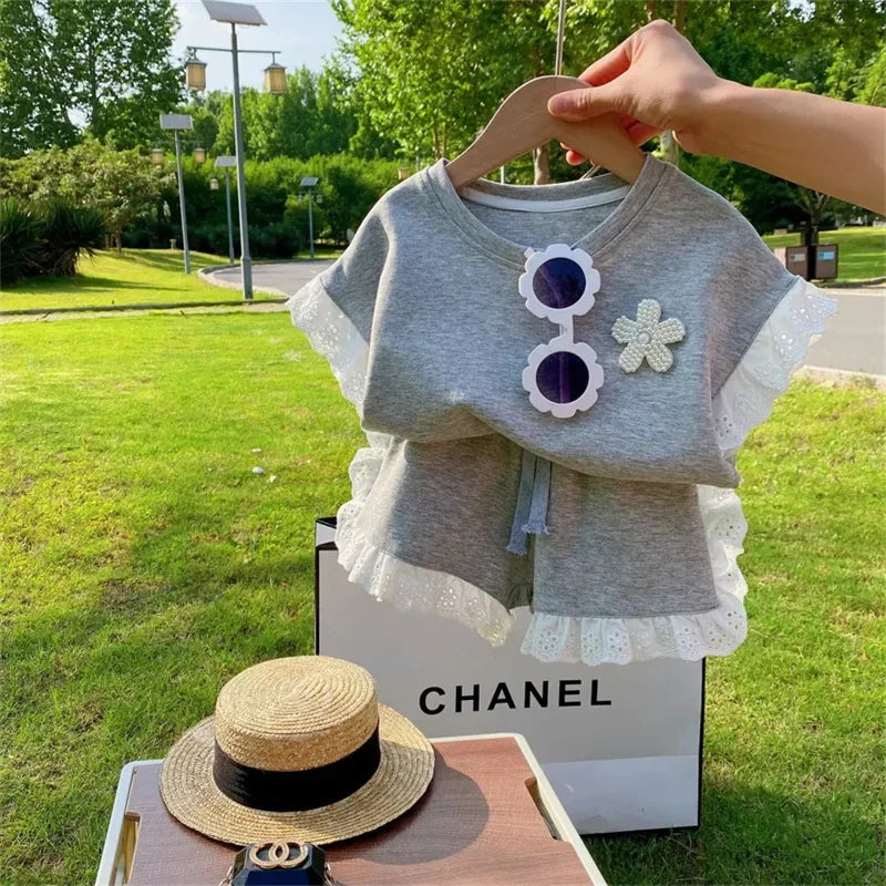 Lace Design Half Sleeves Girls Summer Casual Clothing Set childrensterritory