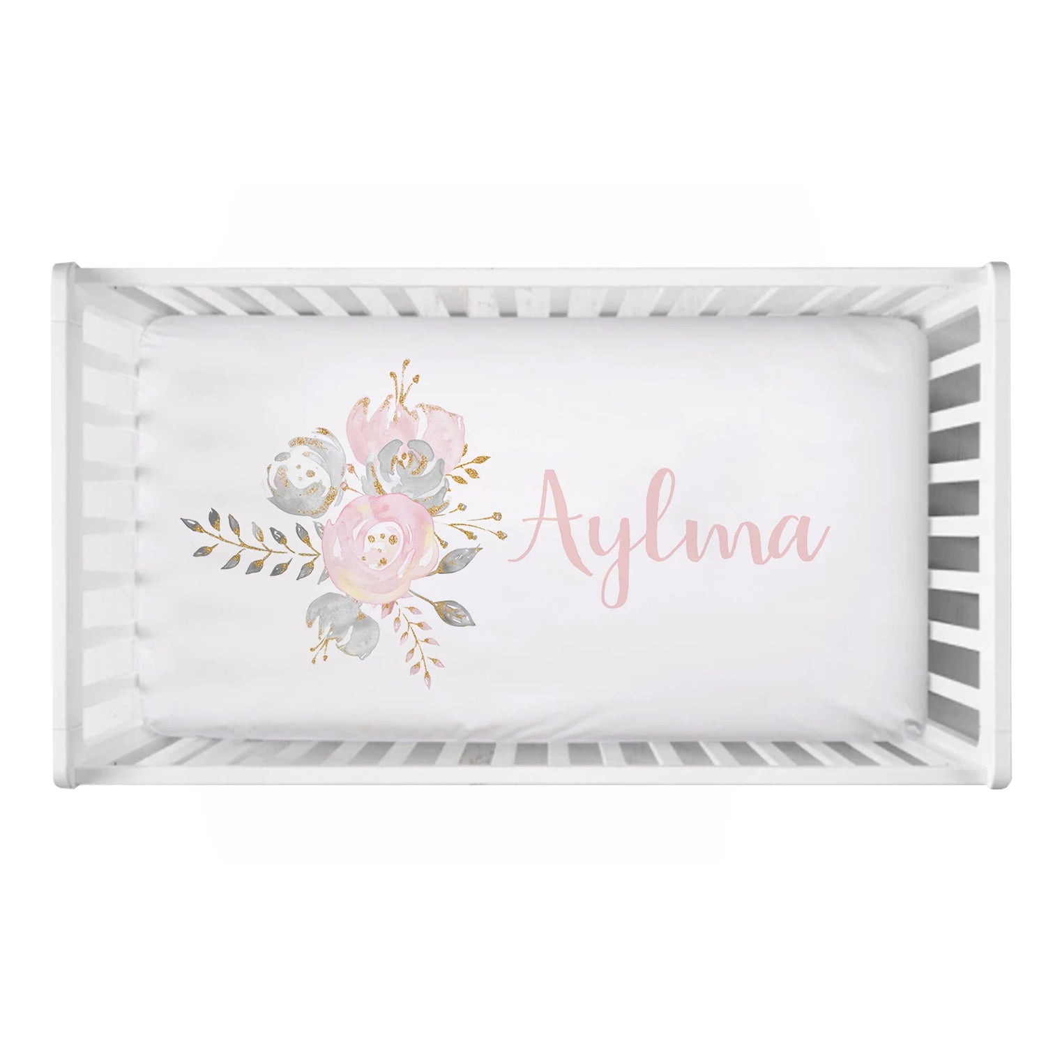 Baby Shower Gift: Customized Blush Gold Floral Bedding Set