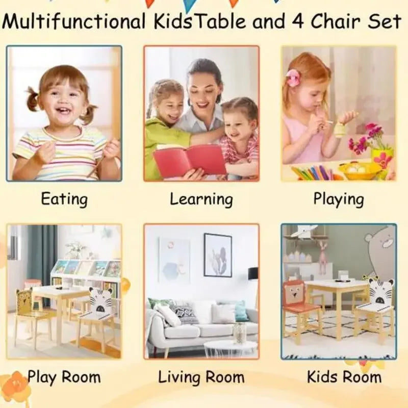 Kids Wood Table Chairs Set, White &amp; Primary