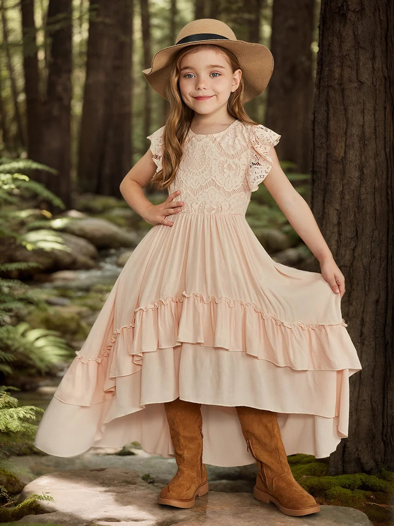 Kids Girls Stylish Lace Design Cotton Bohemia Long Dresses childrensterritory