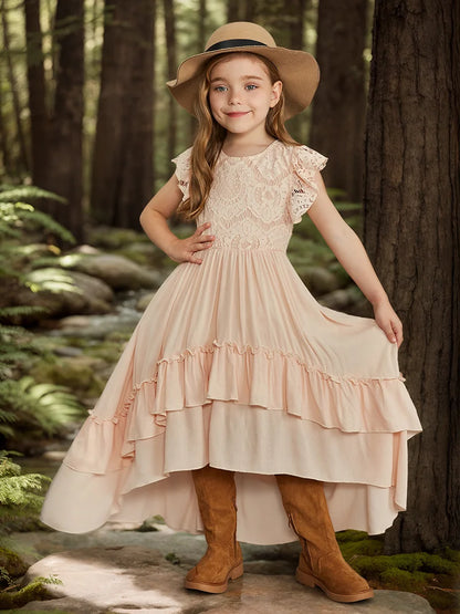 Kids Girls Stylish Lace Design Cotton Bohemia Long Dresses childrensterritory