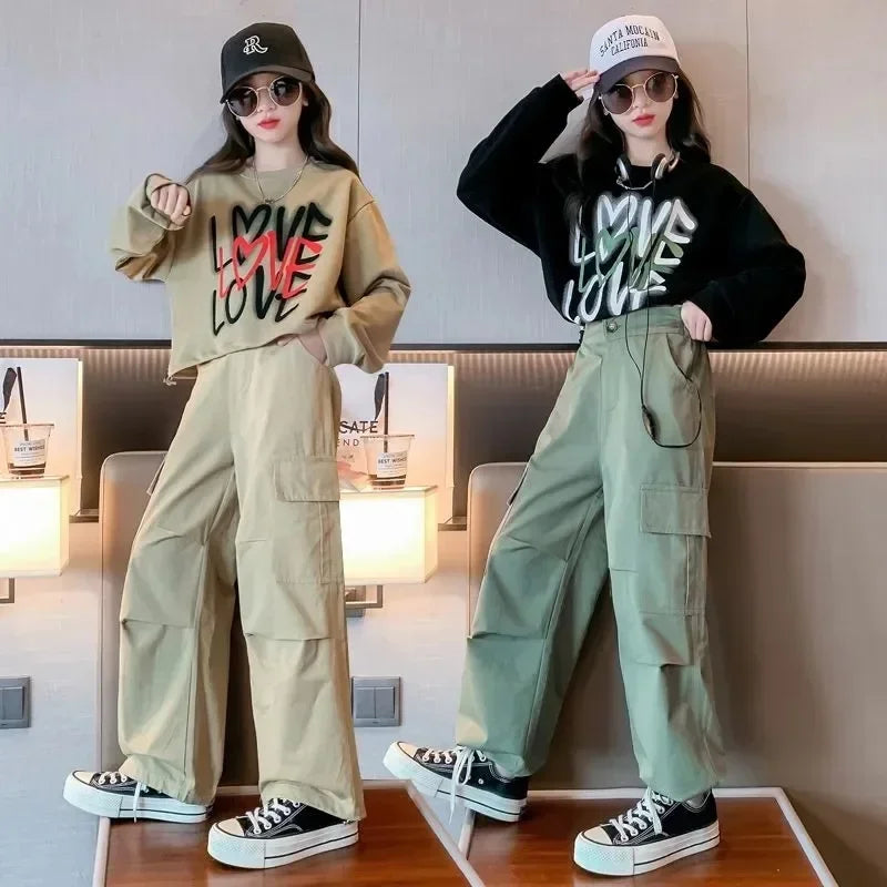 Girls Letter Print Loose T-Shirt + Wide Leg Cargo Pants Set childrensterritory