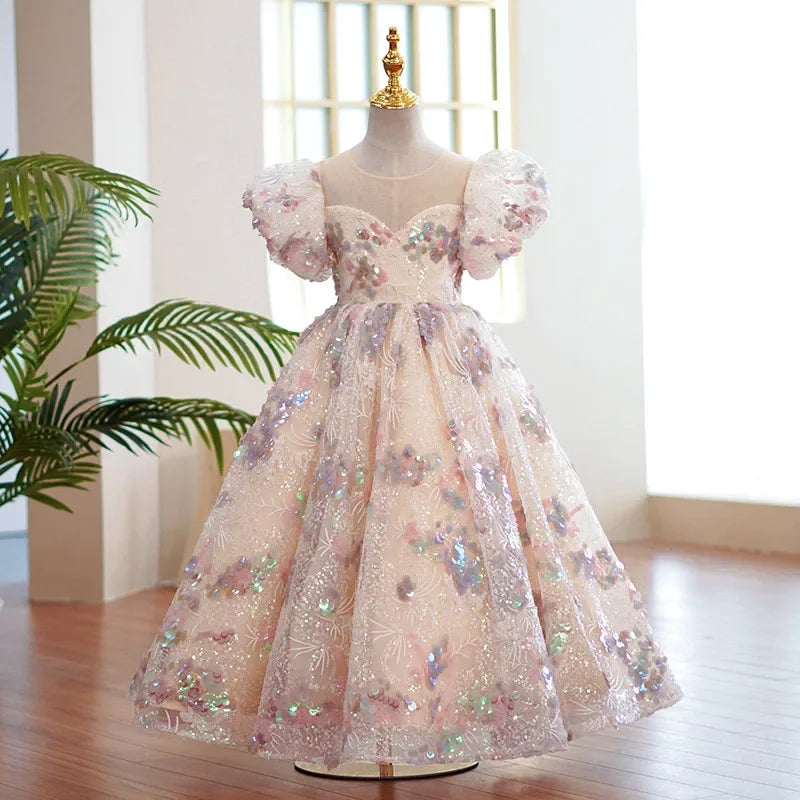 Kids Girls Luxury Fluffy Formal Lace Design Ball Gowns