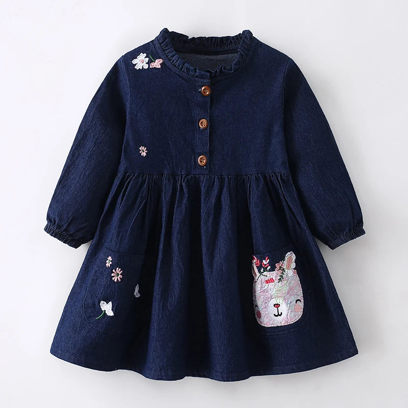 Little Girls Cartoon Bees Design Long Sleeves Dress with Pockets childrensterritory