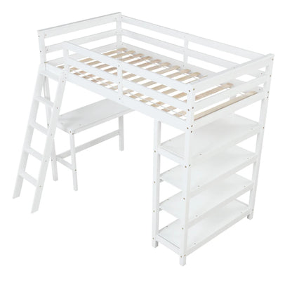 Stylish Kids Twin Loft Bed with Shelves, Desk, and Ladder childrensterritory