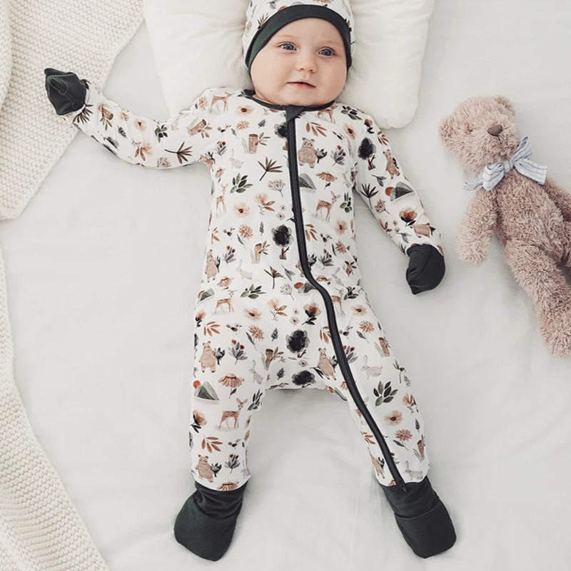 Baby Printed Bamboo Fiber Long Sleeve Zipper Sleepwear
