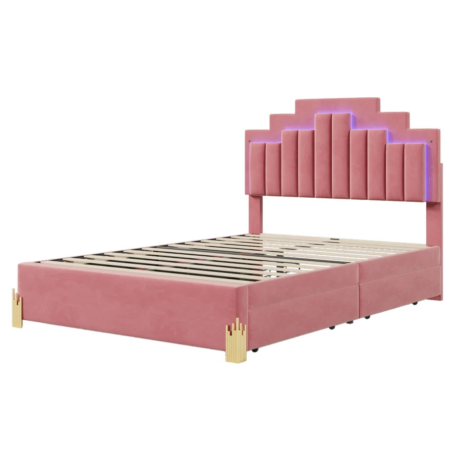 Full-size Platform Bed with Upholstery, Four Drawers, and LED Lights childrensterritory