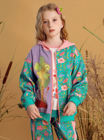Floral Print Hooded Long Sleeve Jacket For Girls childrensterritory