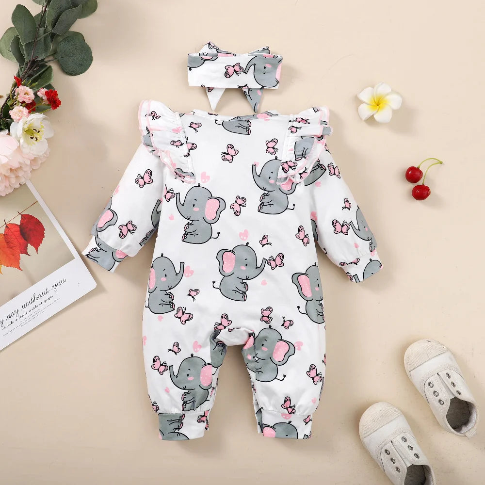 Long Sleeve Elephant Print Baby Girl Romper
