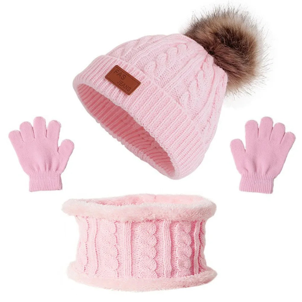 Toddler 3Pcs Cute Pompom Knitted Hats Scarf Gloves Set
