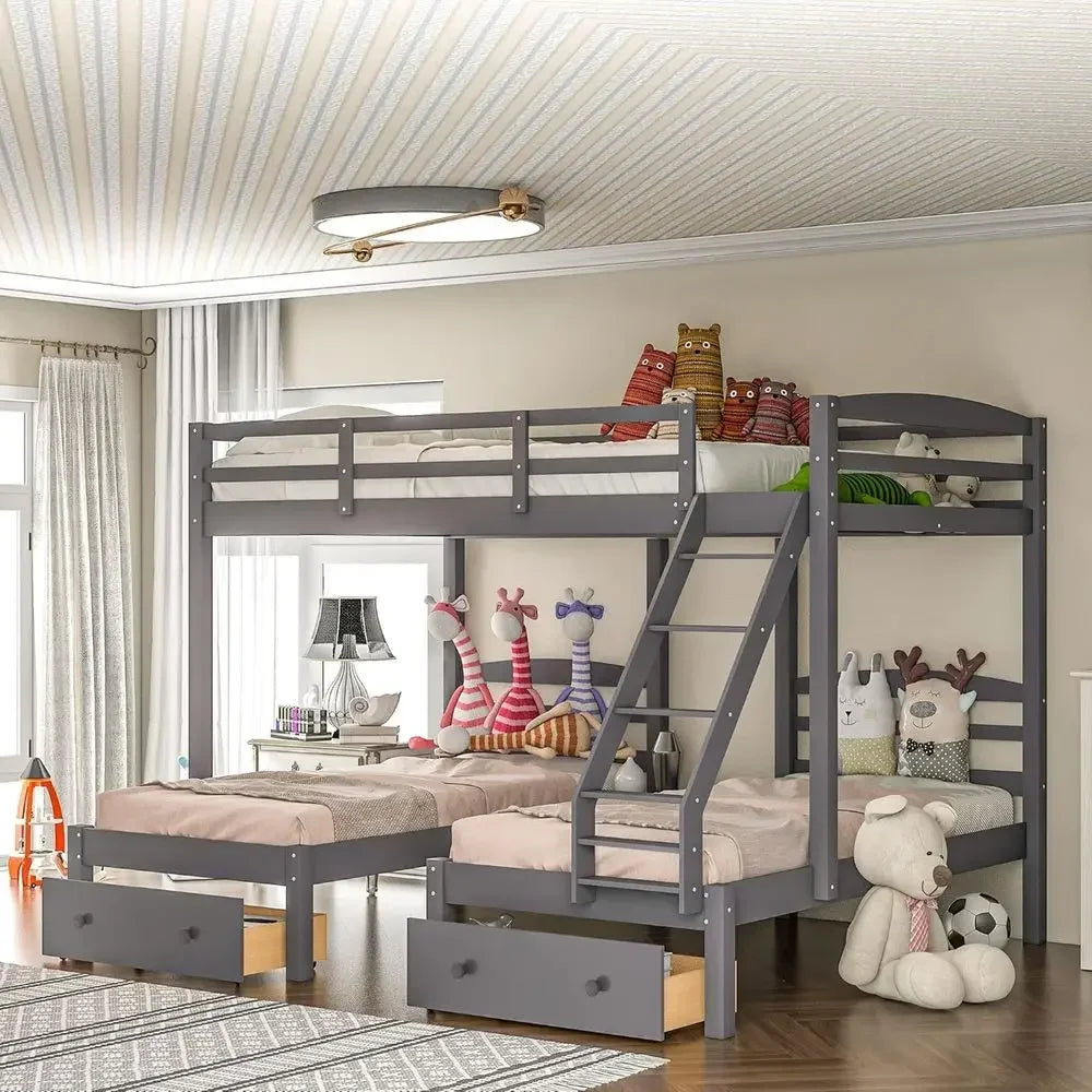 Full Over Triple Bunk Bed with Drawers and Guardrails
