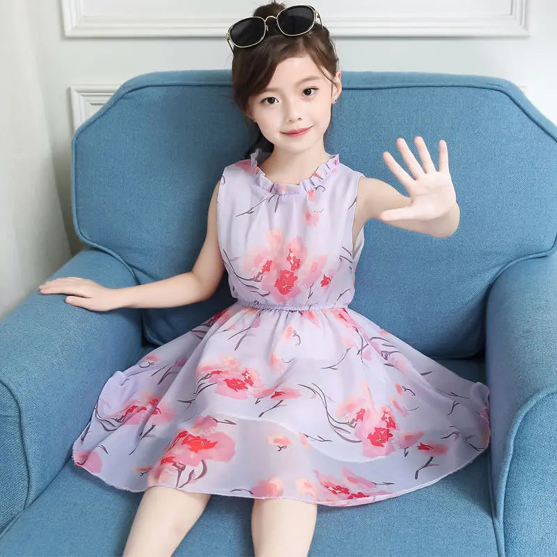 Kids Girls Sleeveless Kitty Design Summer Party Dresses