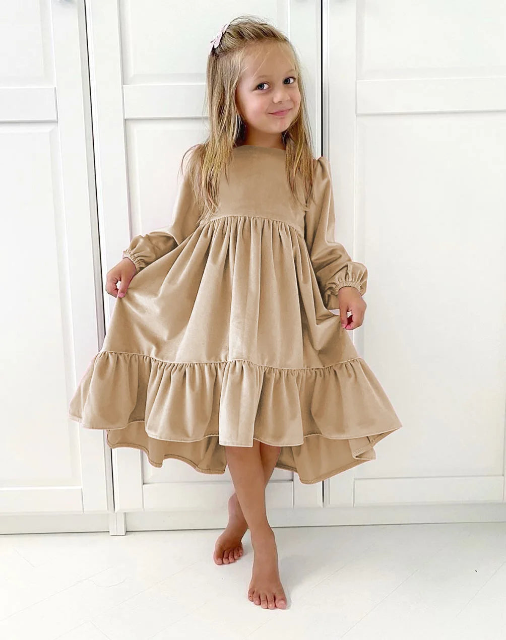 Kids Girls Velvet Long Sleeve Ruffle Hem Party Dresses