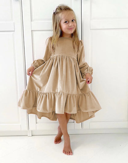 Kids Girls Velvet Long Sleeve Ruffle Hem Party Dresses