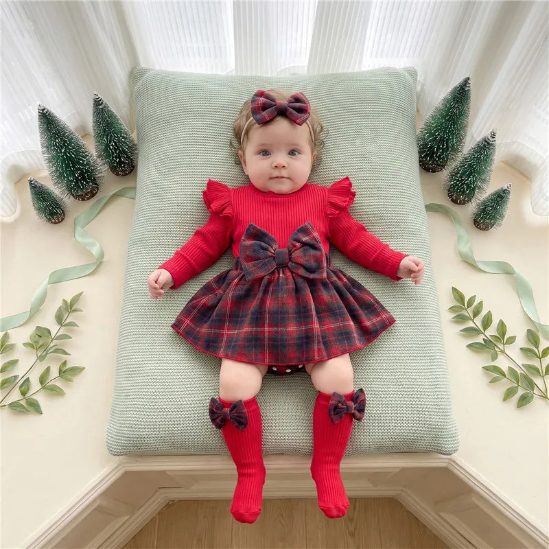 Plaid Print Bow Decor Baby Girls Princess Dress