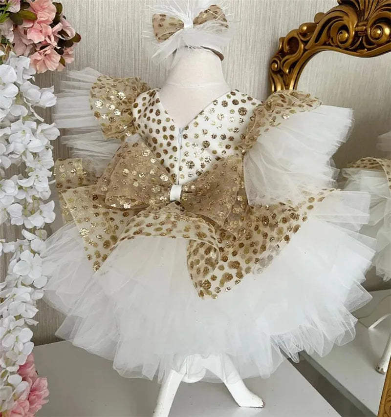 Baby/Kids Girls Gold Top Ivory Tulle Knee Length Dress