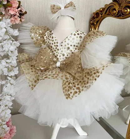 Baby/Kids Girls Gold Top Ivory Tulle Knee Length Dress