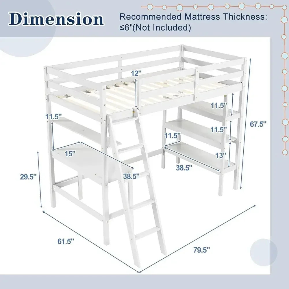 Stylish Kids Twin Loft Bed with Shelves, Desk, and Ladder