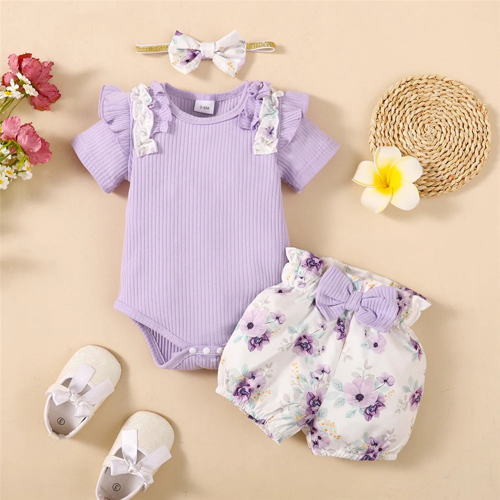 Baby Girl 3pcs Bodysuit, Printed Short, Bow Headband Clothing Set childrensterritory