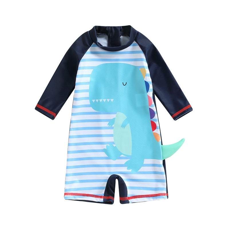 Dinosaur and Stripes Print Kid Romper Swimsuit for Unisex childrensterritory