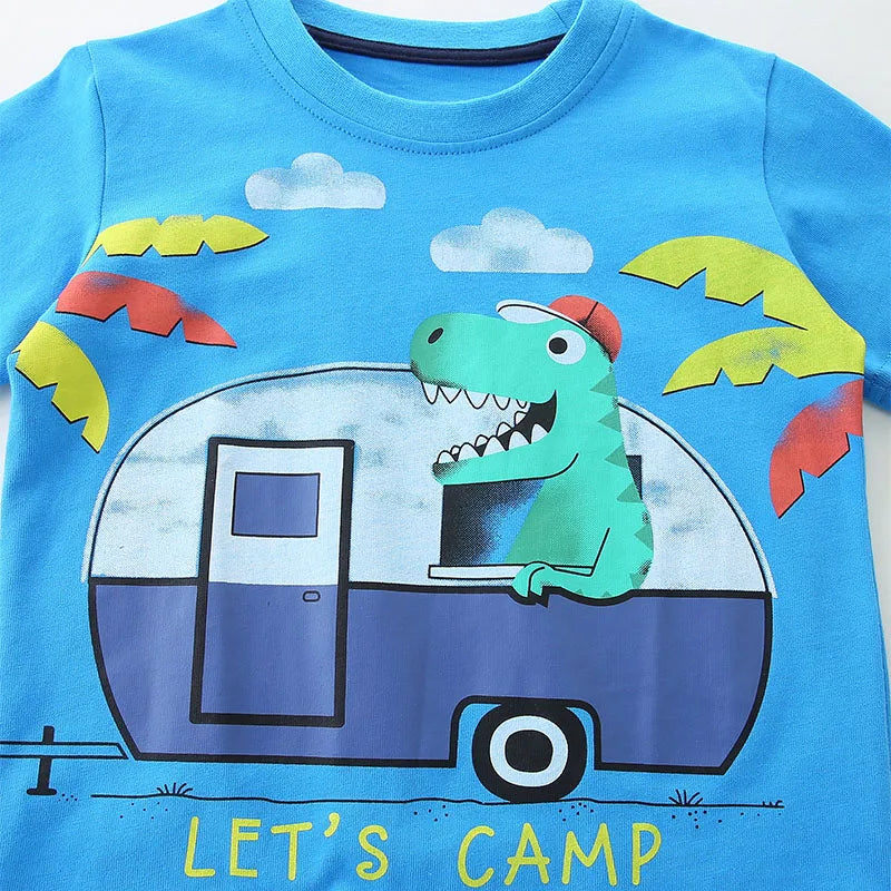 Kids Boys Cartoon Camp Dinosaur Print Cotton T Shirts childrensterritory